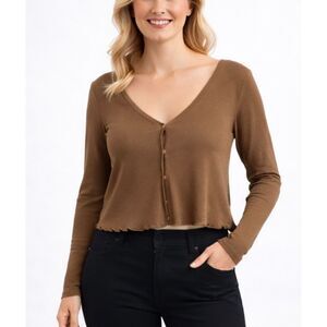 H&M tan ribbed cropped cardigan button front large